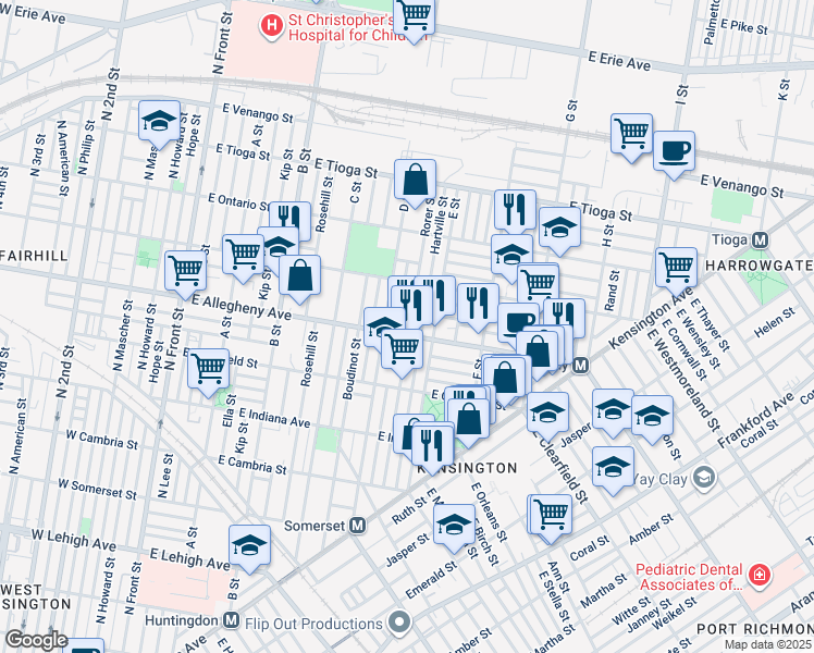 map of restaurants, bars, coffee shops, grocery stores, and more near 527 East Allegheny Avenue in Philadelphia
