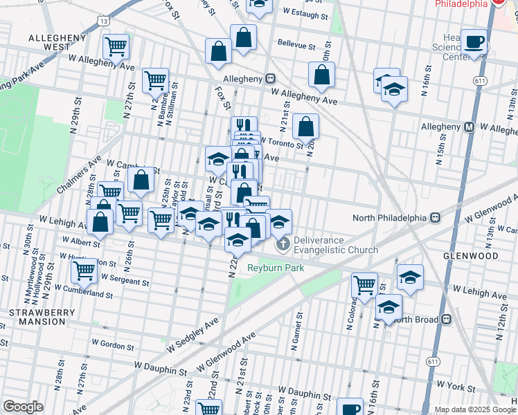 map of restaurants, bars, coffee shops, grocery stores, and more near 2827 North Van Pelt Street in Philadelphia