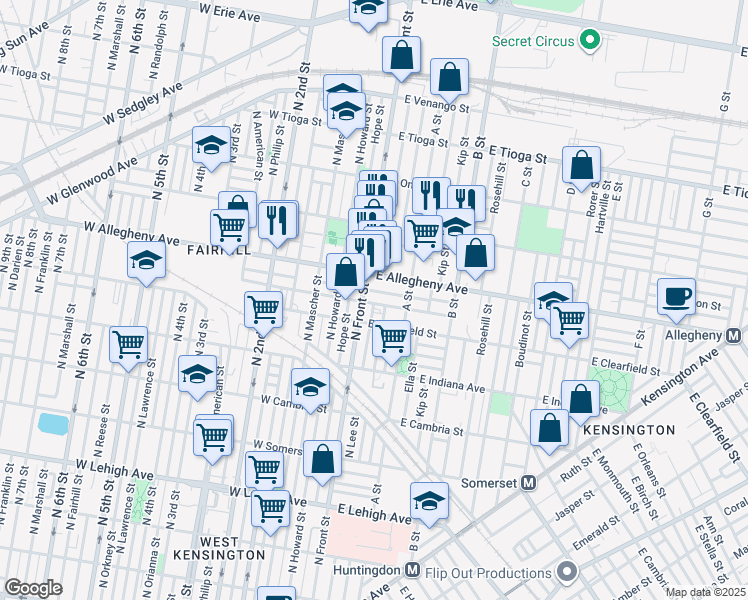map of restaurants, bars, coffee shops, grocery stores, and more near 115 East Lippincott Street in Philadelphia