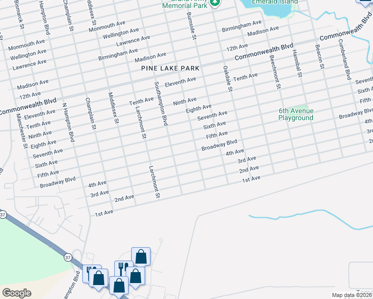 map of restaurants, bars, coffee shops, grocery stores, and more near 1225 Broadway Boulevard in Toms River