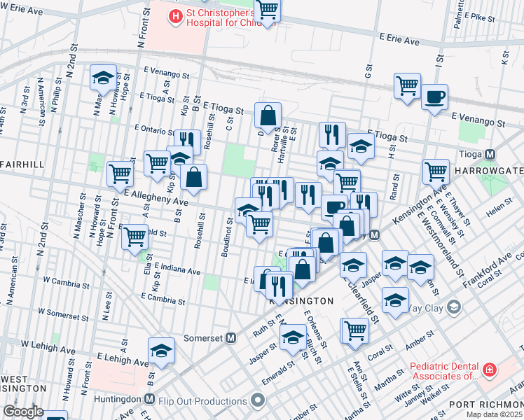 map of restaurants, bars, coffee shops, grocery stores, and more near 527 East Allegheny Avenue in Philadelphia