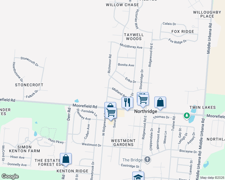 map of restaurants, bars, coffee shops, grocery stores, and more near 1319 Midland Road in Springfield
