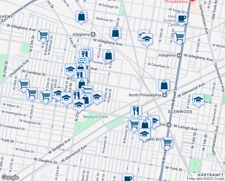 map of restaurants, bars, coffee shops, grocery stores, and more near 2842 North 19th Street in Philadelphia