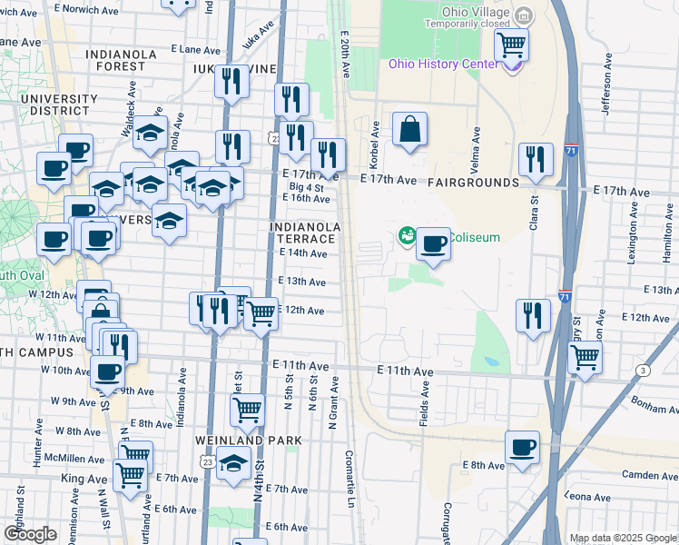 map of restaurants, bars, coffee shops, grocery stores, and more near 430 Big 4 Street in Columbus