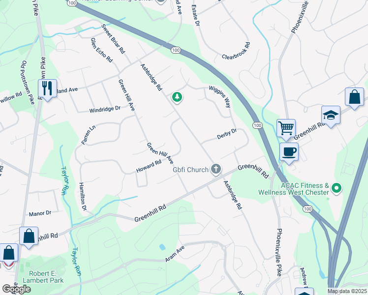 map of restaurants, bars, coffee shops, grocery stores, and more near 606 Howard Road in West Chester