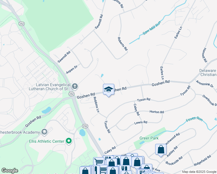 map of restaurants, bars, coffee shops, grocery stores, and more near 1 Brookmawr Road in Newtown Square