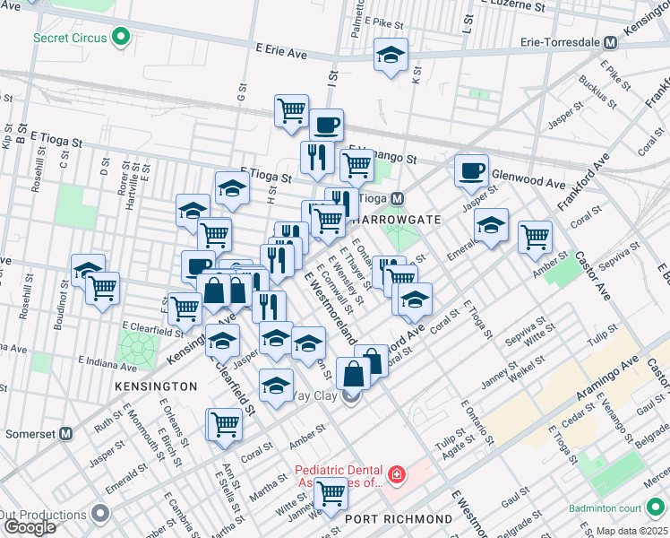 map of restaurants, bars, coffee shops, grocery stores, and more near 1841 East Cornwall Street in Philadelphia