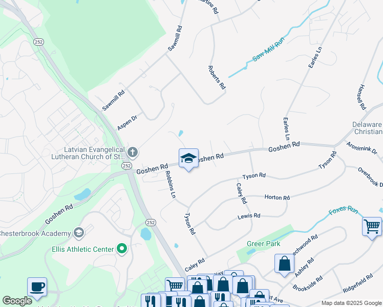 map of restaurants, bars, coffee shops, grocery stores, and more near 1 Brookmawr Road in Newtown Square