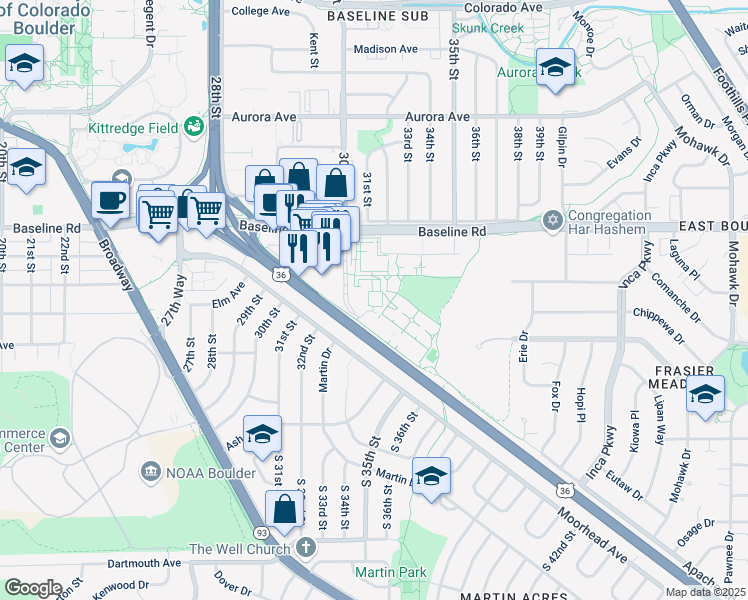 map of restaurants, bars, coffee shops, grocery stores, and more near in Boulder