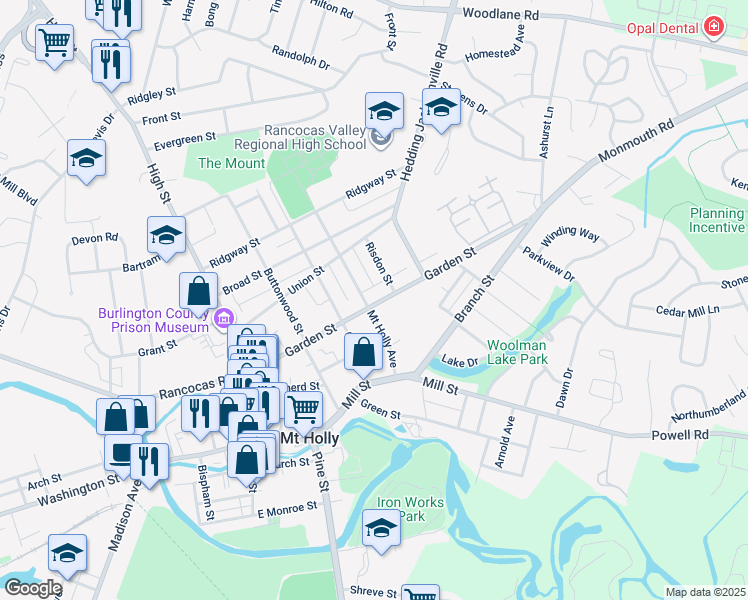 map of restaurants, bars, coffee shops, grocery stores, and more near 305 Garden Street in Mount Holly