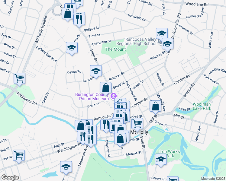 map of restaurants, bars, coffee shops, grocery stores, and more near 214 High Street in Mount Holly