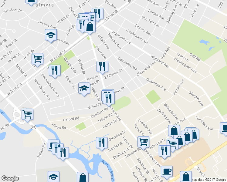 map of restaurants, bars, coffee shops, grocery stores, and more near 21 East Henry Street in Palmyra