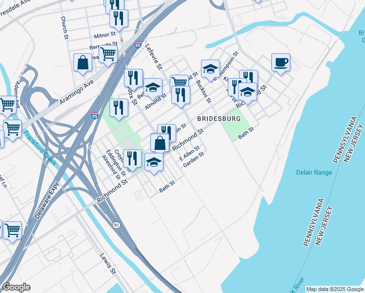 map of restaurants, bars, coffee shops, grocery stores, and more near 2821 Overington Street in Philadelphia