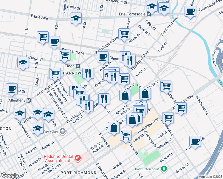 map of restaurants, bars, coffee shops, grocery stores, and more near 3543 Frankford Avenue in Philadelphia