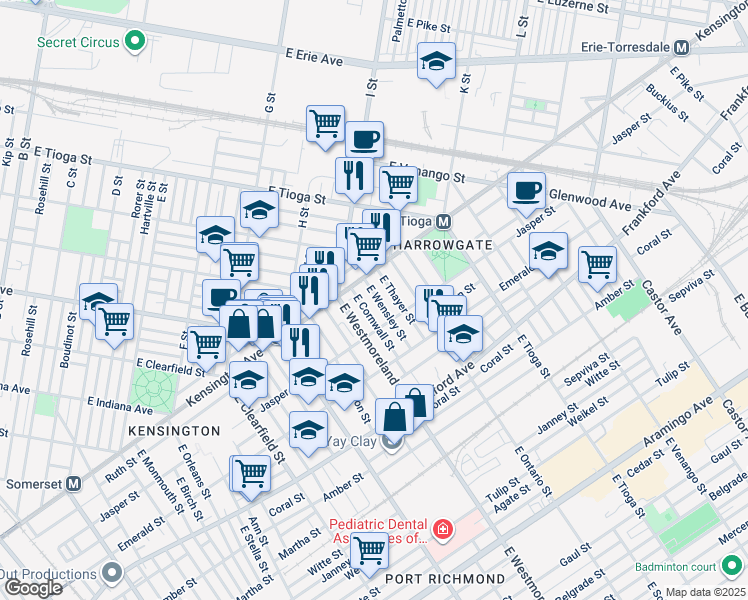 map of restaurants, bars, coffee shops, grocery stores, and more near 1841 East Cornwall Street in Philadelphia