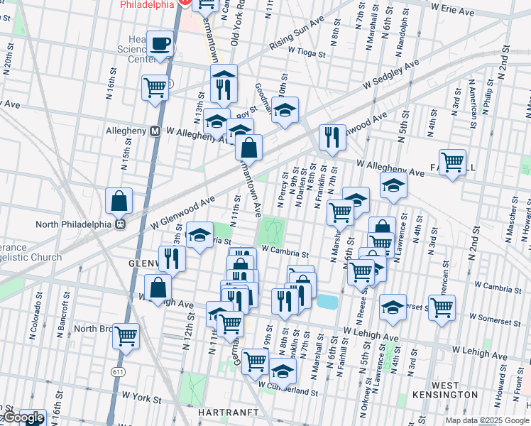 map of restaurants, bars, coffee shops, grocery stores, and more near 3001 North 10th Street in Philadelphia