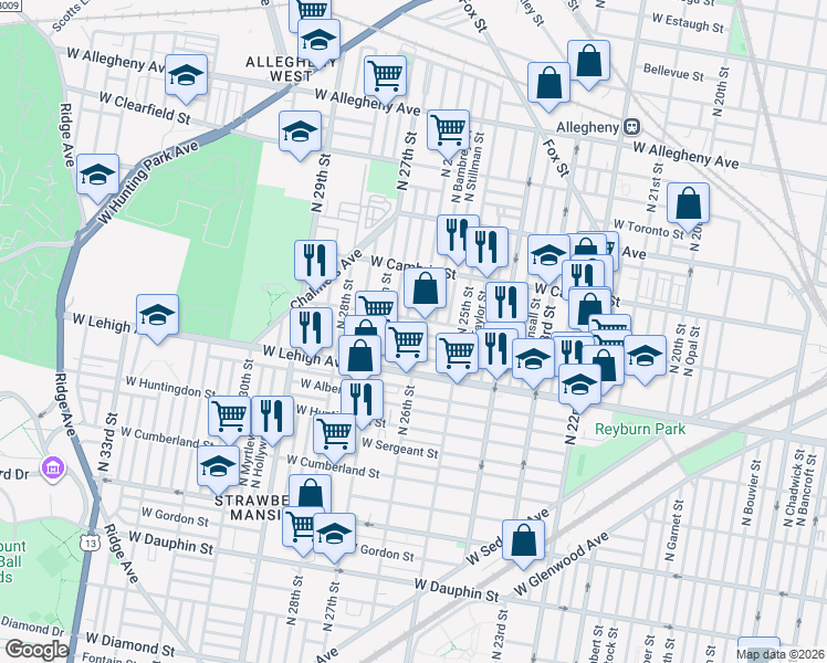 map of restaurants, bars, coffee shops, grocery stores, and more near 2606 West Seltzer Street in Philadelphia