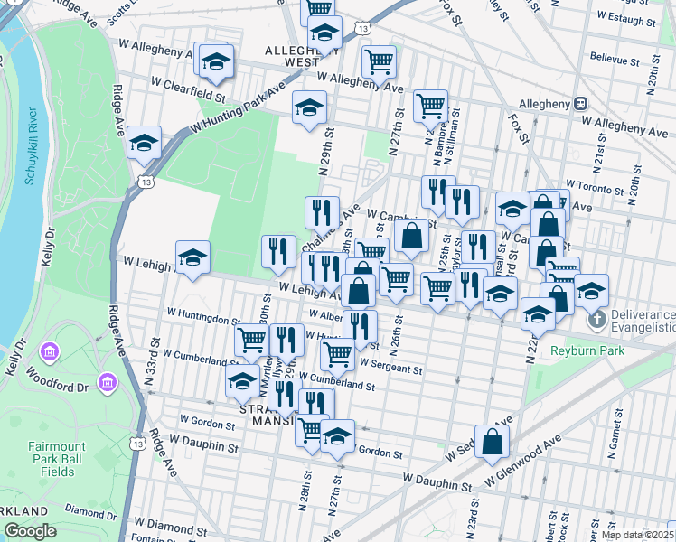 map of restaurants, bars, coffee shops, grocery stores, and more near 2734 North 28th Street in Philadelphia