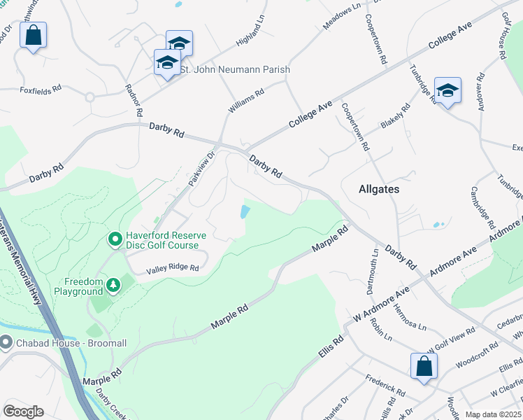 map of restaurants, bars, coffee shops, grocery stores, and more near 3300 Darby Road in Haverford