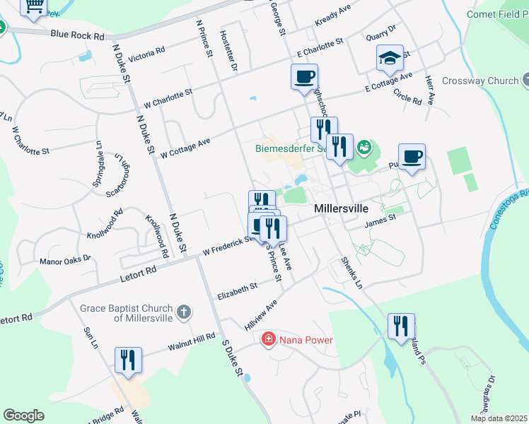 map of restaurants, bars, coffee shops, grocery stores, and more near 17 North Prince Street in Millersville