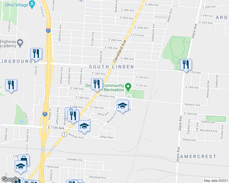 map of restaurants, bars, coffee shops, grocery stores, and more near 1551 Brooks Avenue in Columbus
