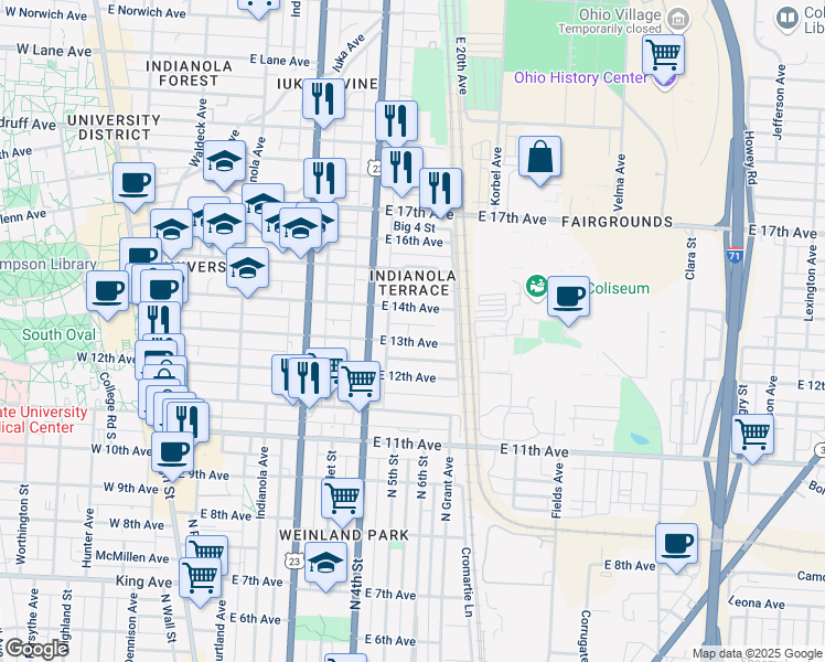 map of restaurants, bars, coffee shops, grocery stores, and more near 408 East 13th Avenue in Columbus