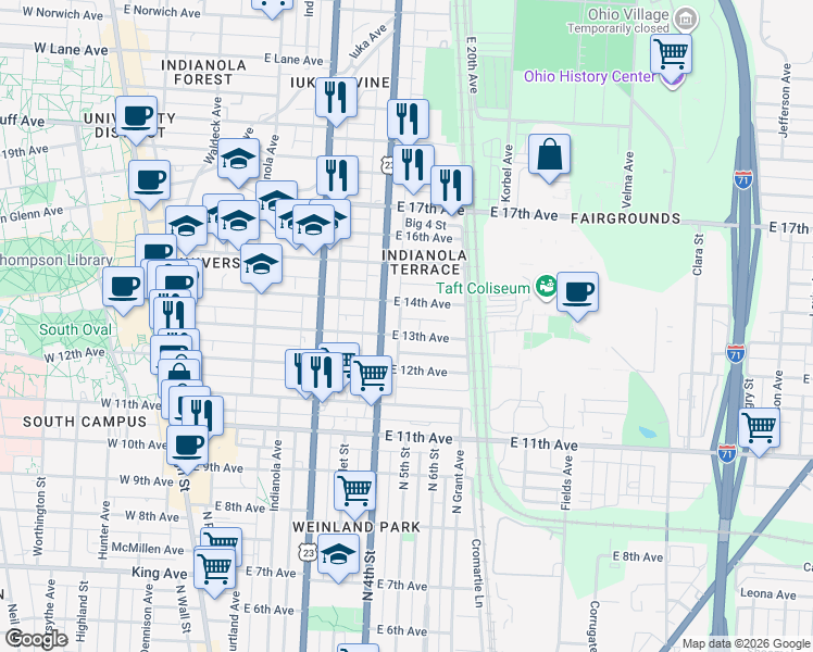 map of restaurants, bars, coffee shops, grocery stores, and more near 350 East 13th Avenue in Columbus