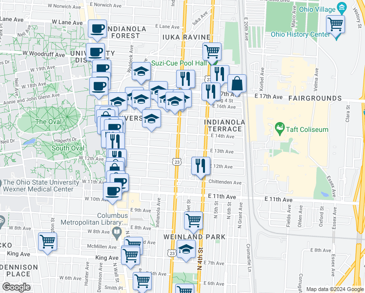 map of restaurants, bars, coffee shops, grocery stores, and more near in Columbus