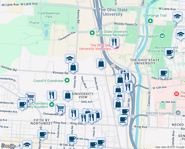 map of restaurants, bars, coffee shops, grocery stores, and more near 917 Kinnear Road in Columbus