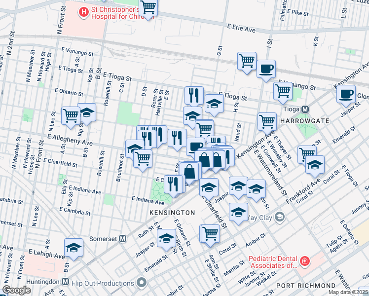 map of restaurants, bars, coffee shops, grocery stores, and more near 708 East Madison Street in Philadelphia