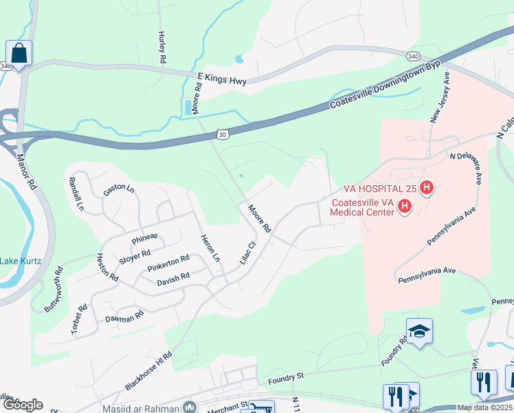 map of restaurants, bars, coffee shops, grocery stores, and more near 10 Moore Road in Coatesville