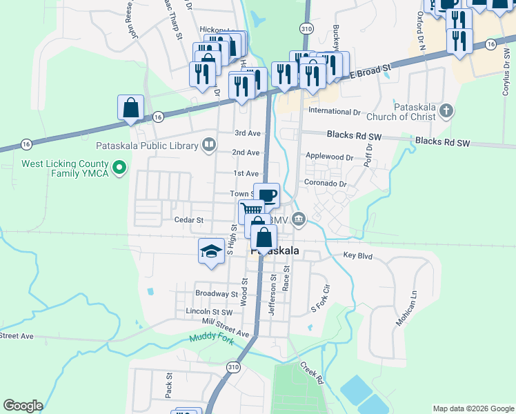 map of restaurants, bars, coffee shops, grocery stores, and more near 279 South Main Street in Pataskala