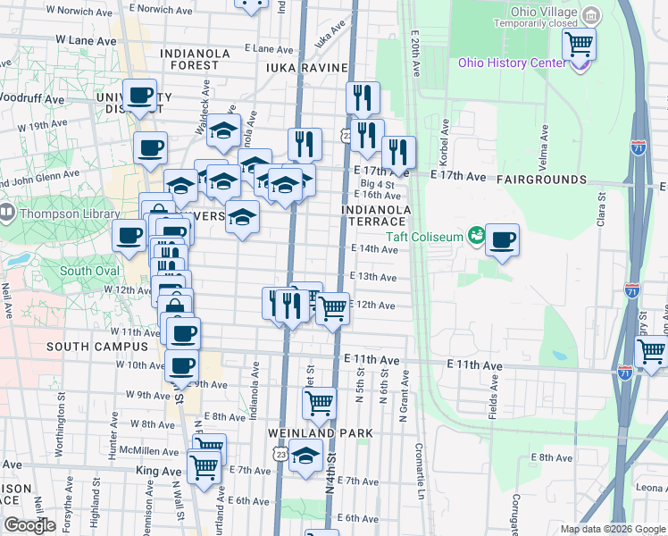 map of restaurants, bars, coffee shops, grocery stores, and more near 1689 North 4th Street in Columbus