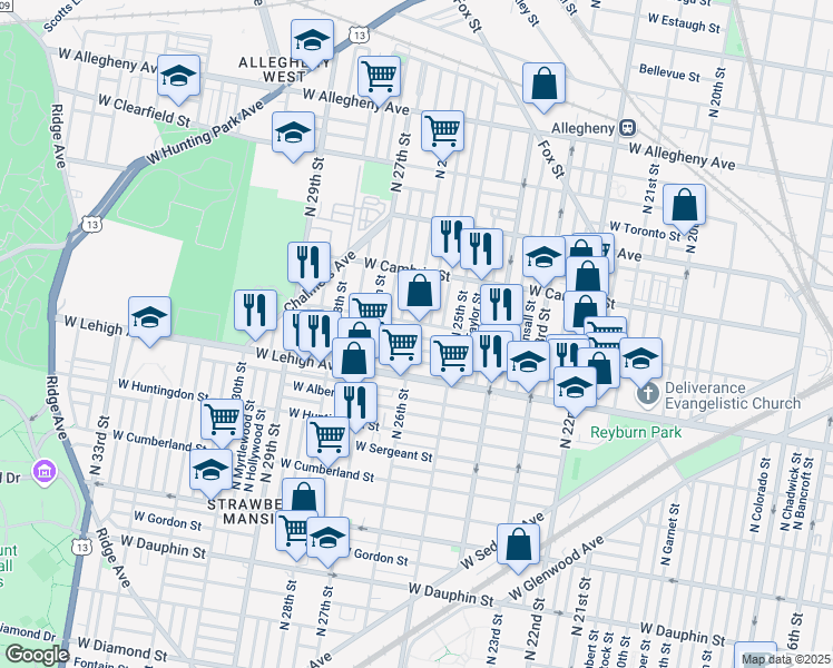 map of restaurants, bars, coffee shops, grocery stores, and more near 2555 West Seltzer Street in Philadelphia