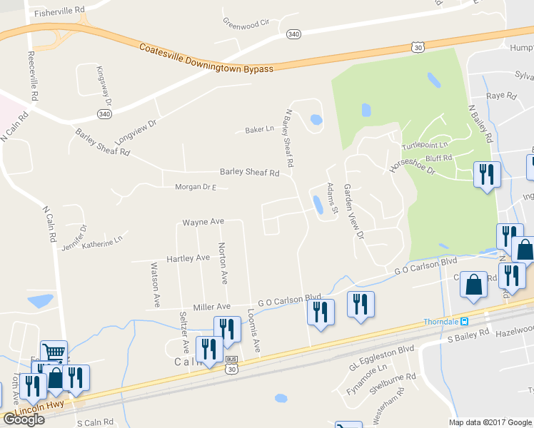 map of restaurants, bars, coffee shops, grocery stores, and more near 2527 Clothier St in Coatesville