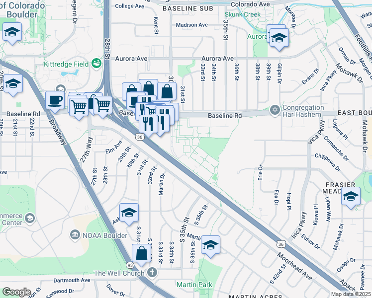 map of restaurants, bars, coffee shops, grocery stores, and more near 3300 Baseline Road in Boulder