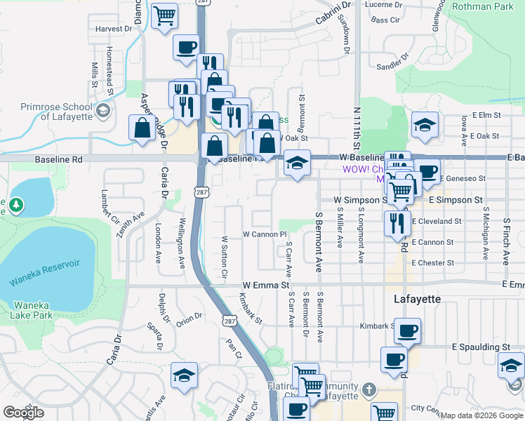 map of restaurants, bars, coffee shops, grocery stores, and more near 772 West Cleveland Circle in Lafayette