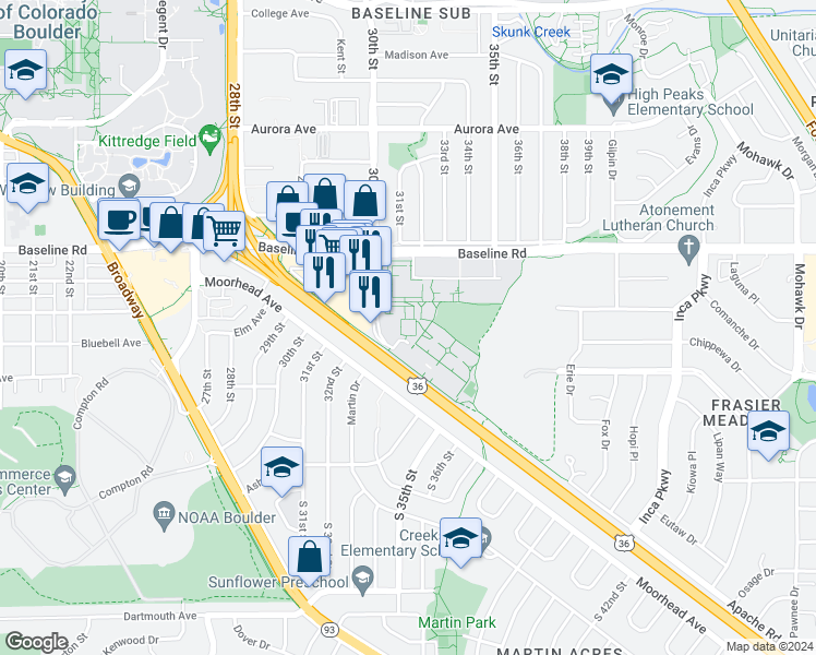 map of restaurants, bars, coffee shops, grocery stores, and more near 500 30th Street in Boulder