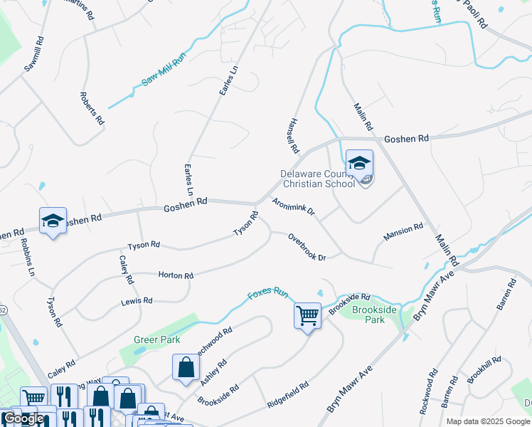 map of restaurants, bars, coffee shops, grocery stores, and more near 297 Horton Road in Newtown Square