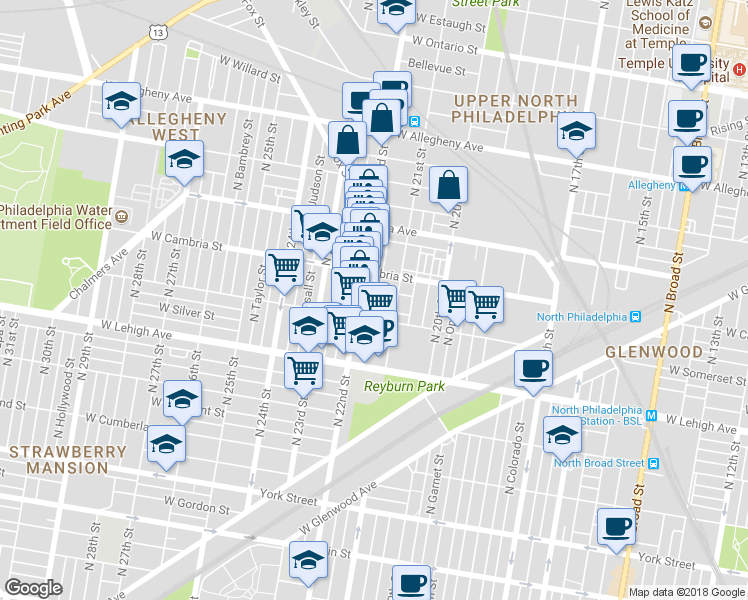 map of restaurants, bars, coffee shops, grocery stores, and more near 2826 North Van Pelt Street in Philadelphia