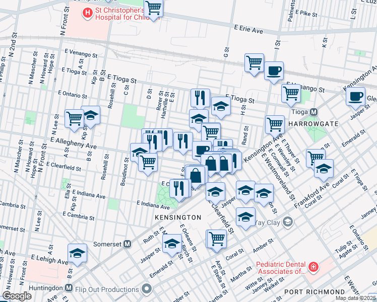 map of restaurants, bars, coffee shops, grocery stores, and more near 702 East Madison Street in Philadelphia