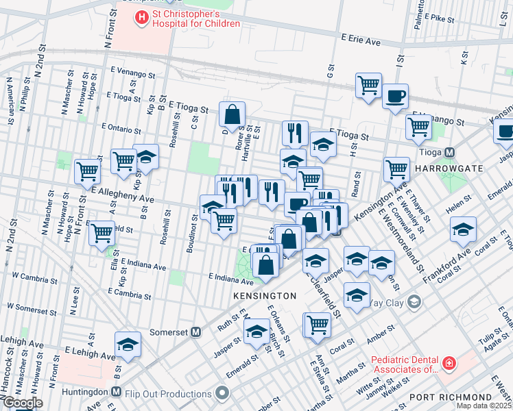 map of restaurants, bars, coffee shops, grocery stores, and more near 622 East Hilton Street in Philadelphia