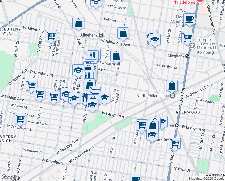 map of restaurants, bars, coffee shops, grocery stores, and more near 2835 North 20th Street in Philadelphia