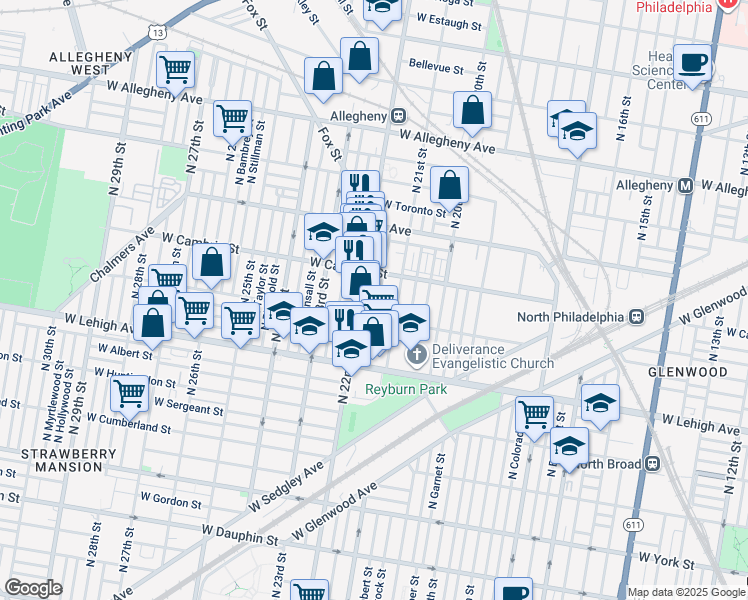 map of restaurants, bars, coffee shops, grocery stores, and more near 2826 North Van Pelt Street in Philadelphia