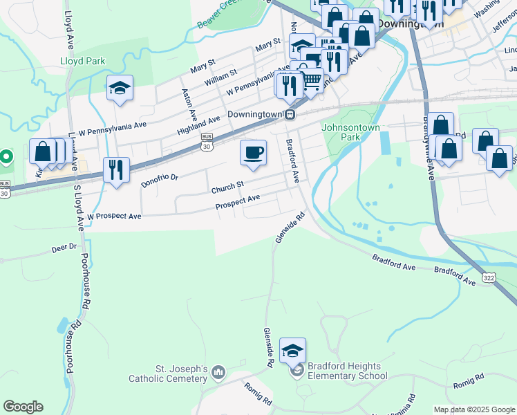 map of restaurants, bars, coffee shops, grocery stores, and more near Victor Drive in Downingtown
