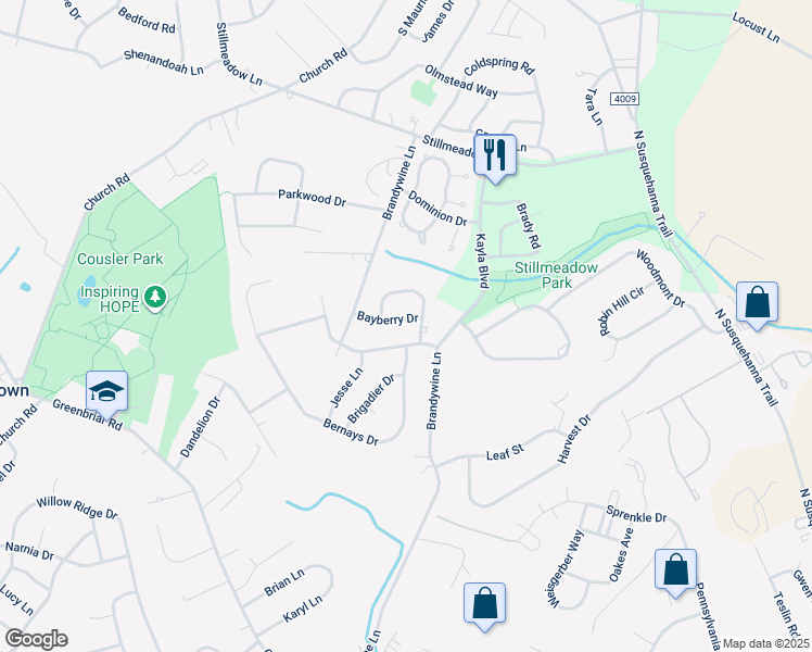 map of restaurants, bars, coffee shops, grocery stores, and more near 515 Bayberry Drive in York