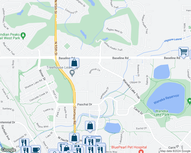 map of restaurants, bars, coffee shops, grocery stores, and more near 2339 High Lonesome Trail in Lafayette