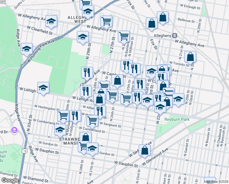 map of restaurants, bars, coffee shops, grocery stores, and more near 2606 West Seltzer Street in Philadelphia