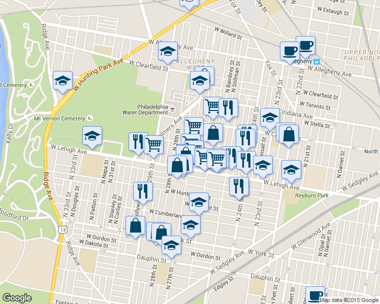 map of restaurants, bars, coffee shops, grocery stores, and more near 2700 West Seltzer Street in Philadelphia