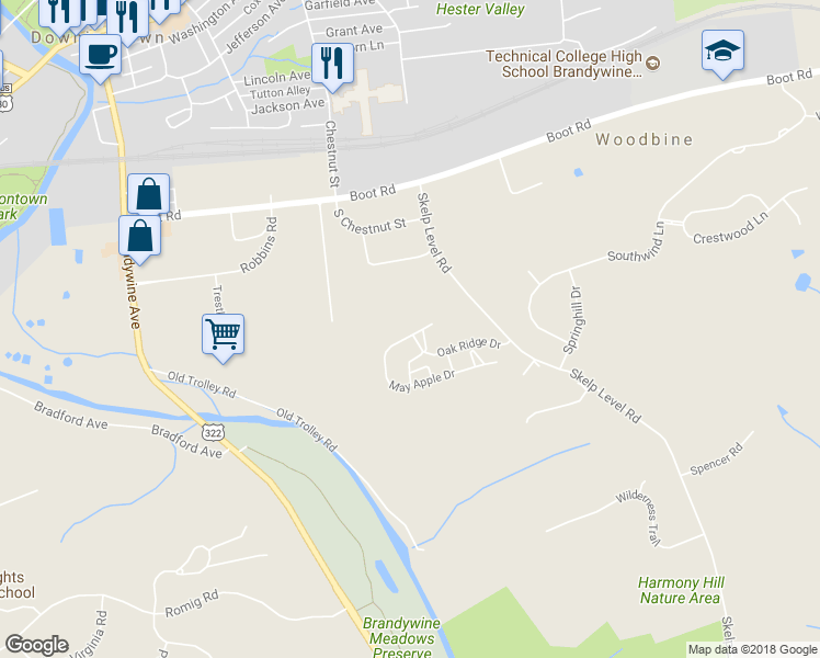 map of restaurants, bars, coffee shops, grocery stores, and more near 18 May Apple Drive in Downingtown